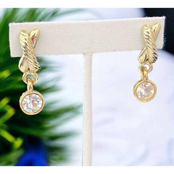 Vintage Earrings Gold Tone Pierced Crystal Classic Chic  1P - Picture 1 of 4